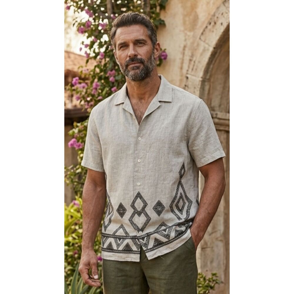 Banana Republic Pascal Linen Resort Shirt Large Beige Relaxed Fit Button  Up - Picture 8 of 8